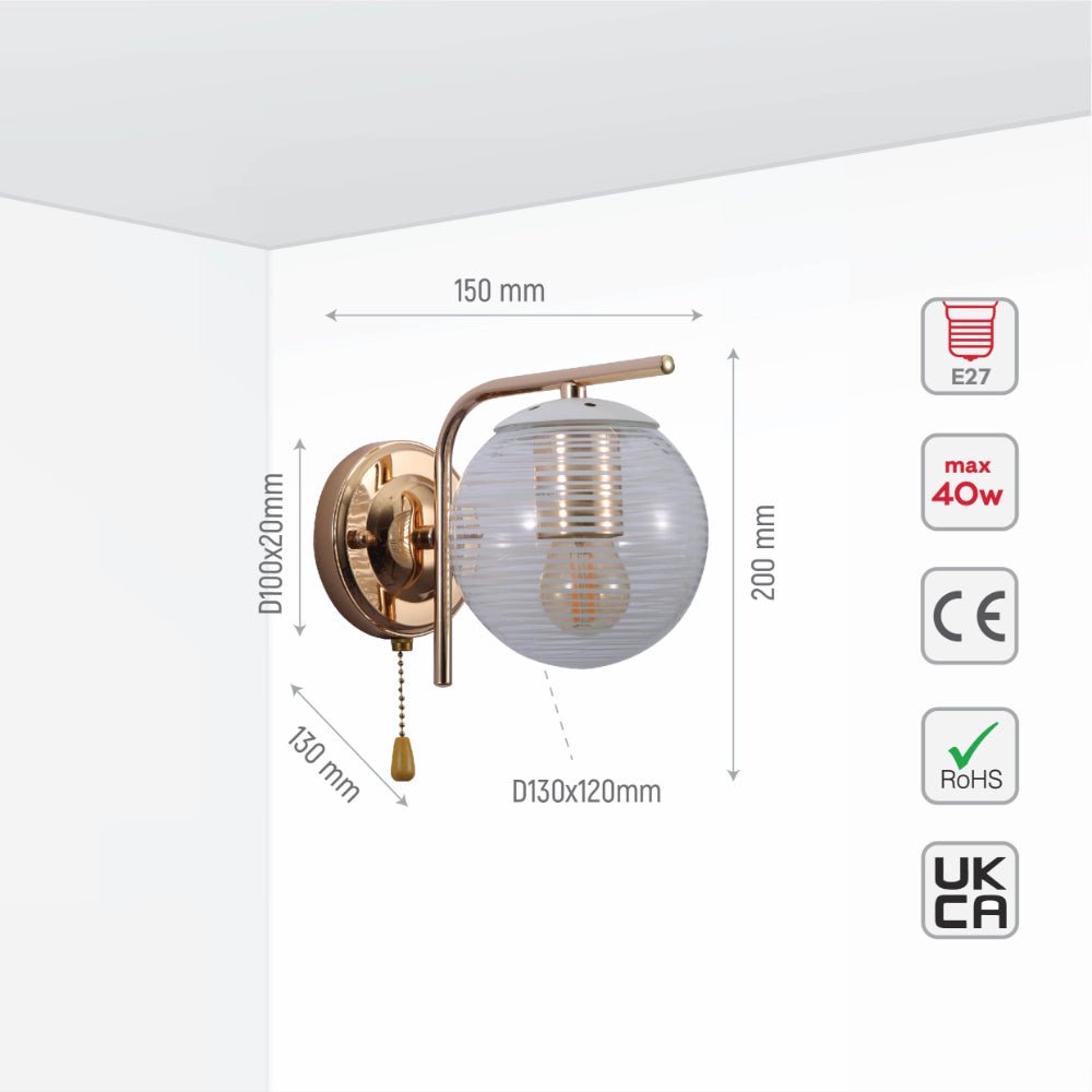 Size and specs of Clear Textured Globe Gold Wall Light E27 Pull Down Switch | TEKLED 151-19758