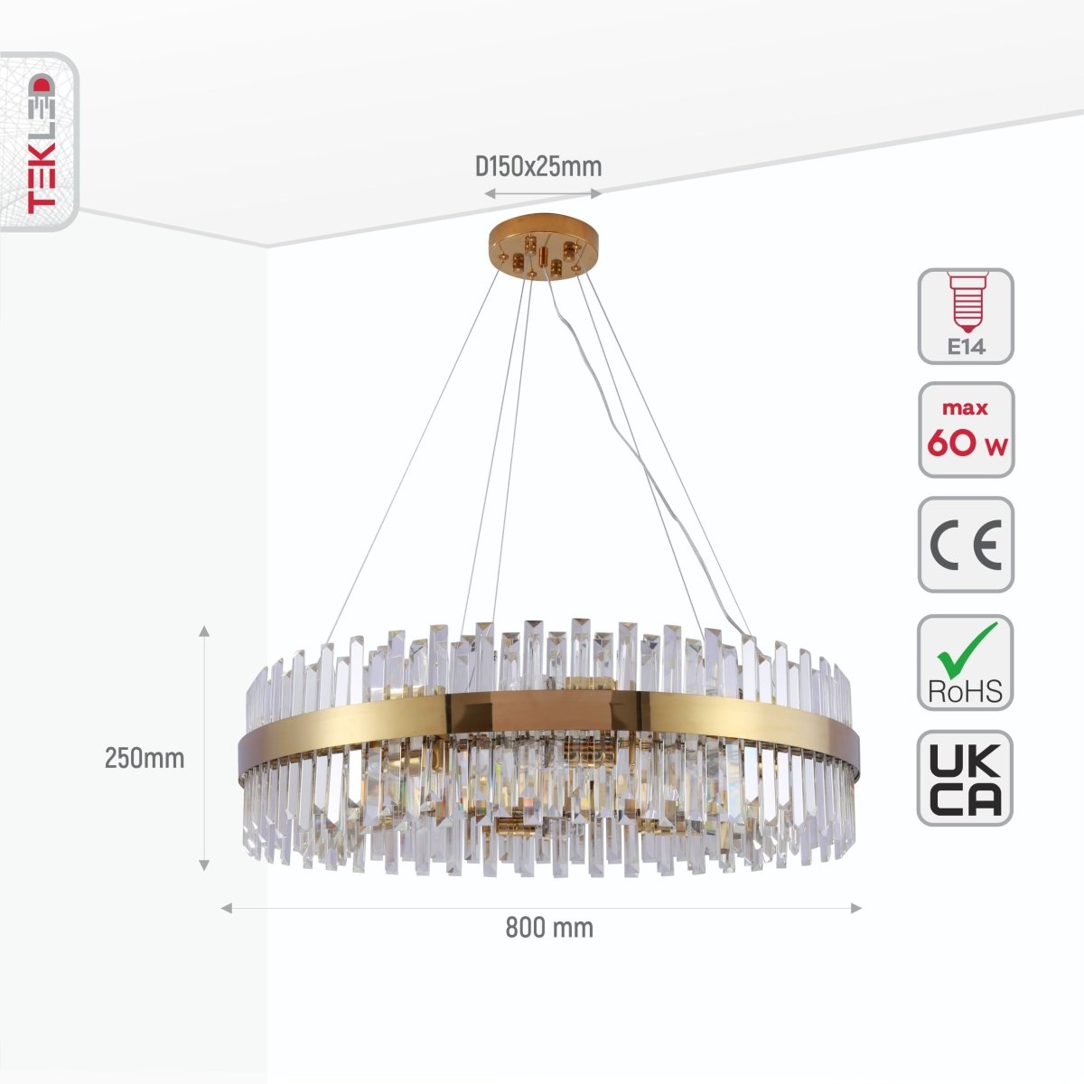 Size and specs of Coffin Crystal Gold Metal Chandelier D800 with 20xE14 Fitting | TEKLED 156-19560
