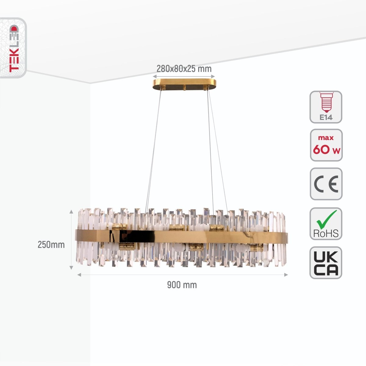 Size and specs of Coffin Crystal Gold Metal Island Chandelier L900 with 18xE14 Fitting | TEKLED 156-19562