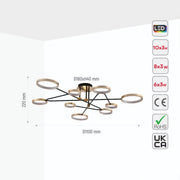 Size and specs of Contemporary Galaxy Gold Ring Black Rods Modern Semi Flush Chandelier Ceiling Light 72w Warm White | TEKLED 159-17550