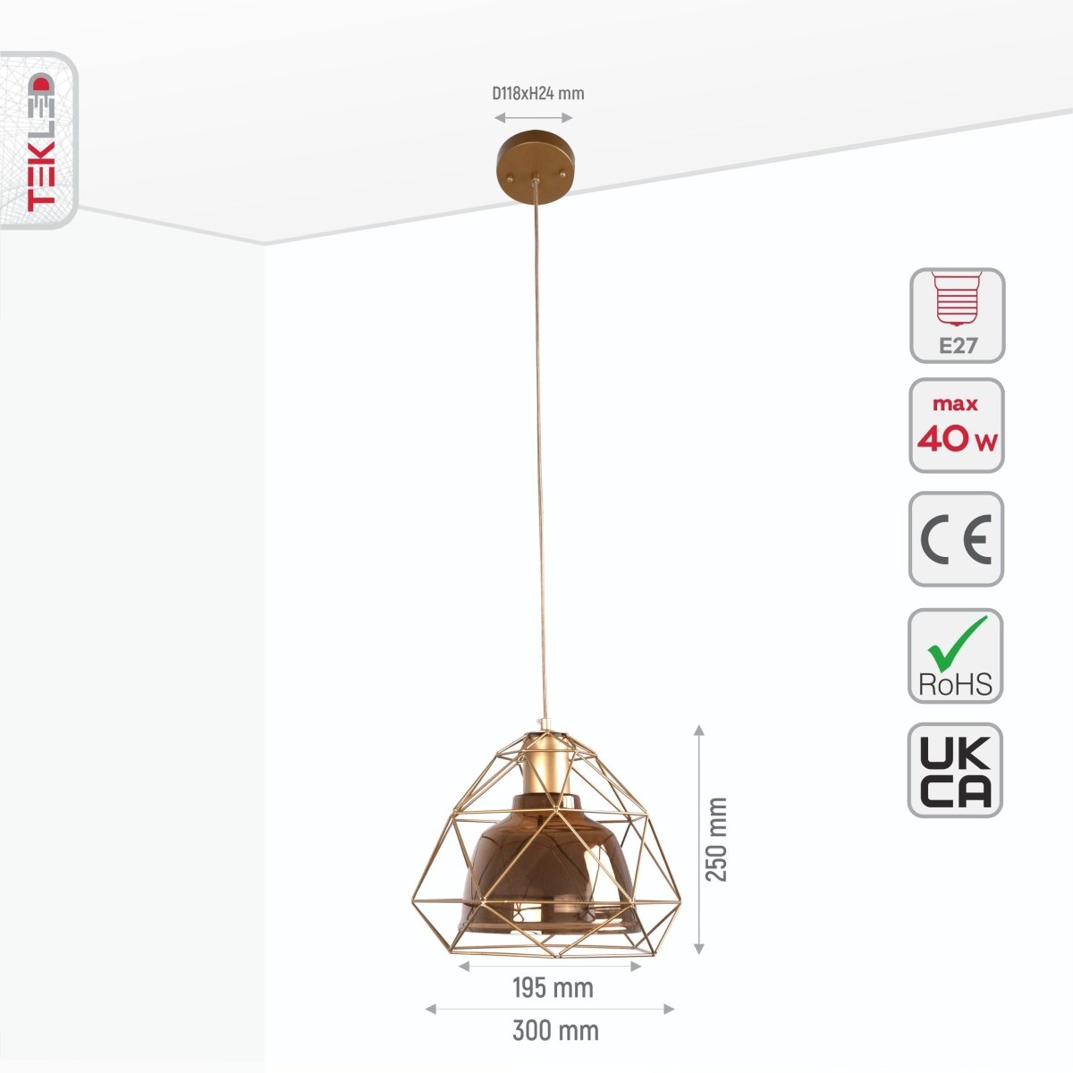 Size and specs of Copper Glass Dome Gold Metal Cage Pendant Light with E27 Fitting | TEKLED 156-19478