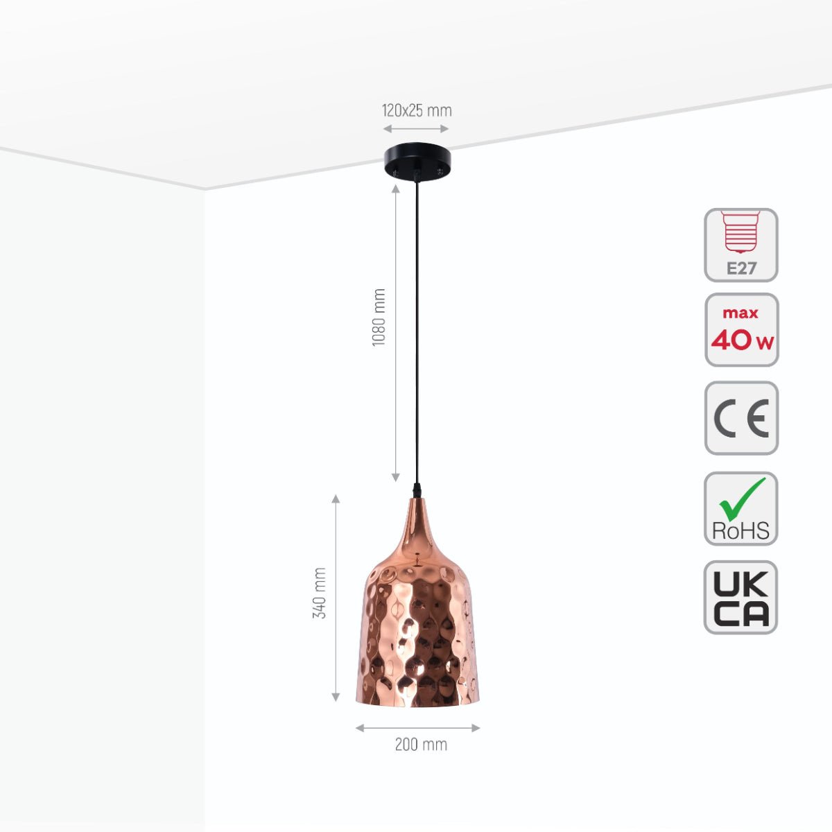 Size and specs of Copper Metal Golden Hammered Bell Pendant Ceiling Light with E27 | TEKLED 150-17806
