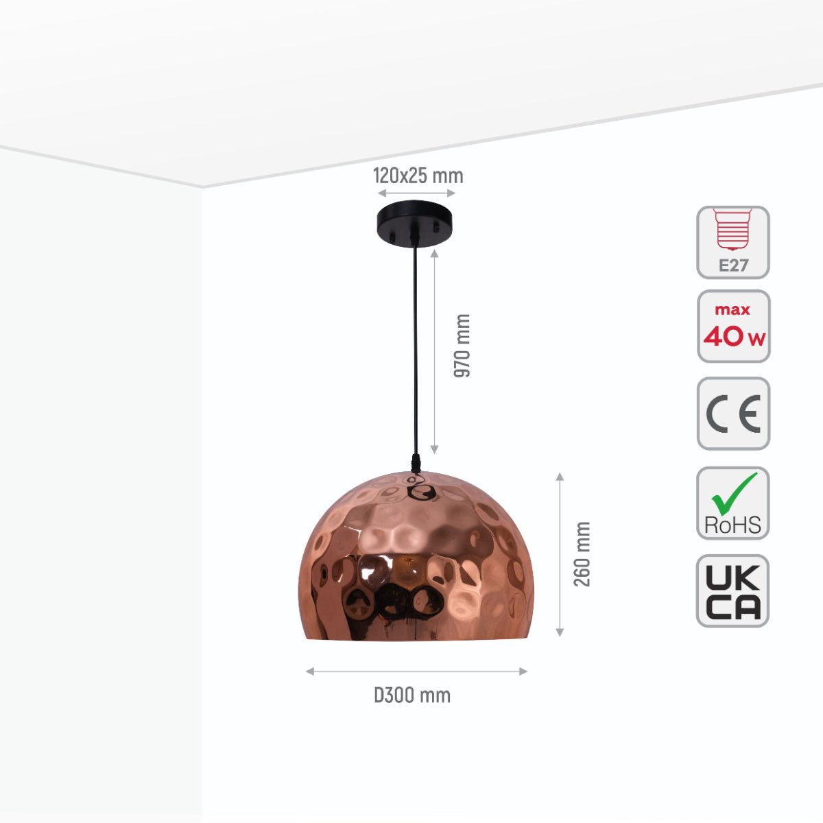 Size and specs of Copper Metal Golden Hammered Dome Pendant Ceiling Light with E27 | TEKLED 150-17810