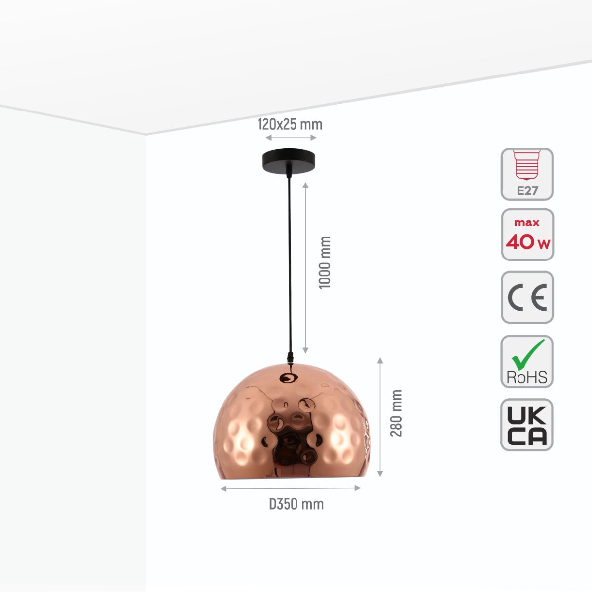 Size and specs of Copper Metal Golden Hammered Large Dome Pendant Ceiling Light with E27 | TEKLED 150-17812