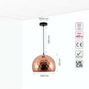 Size and specs of Copper Metal Golden Hammered Large Dome Pendant Ceiling Light with E27 | TEKLED 150-17812