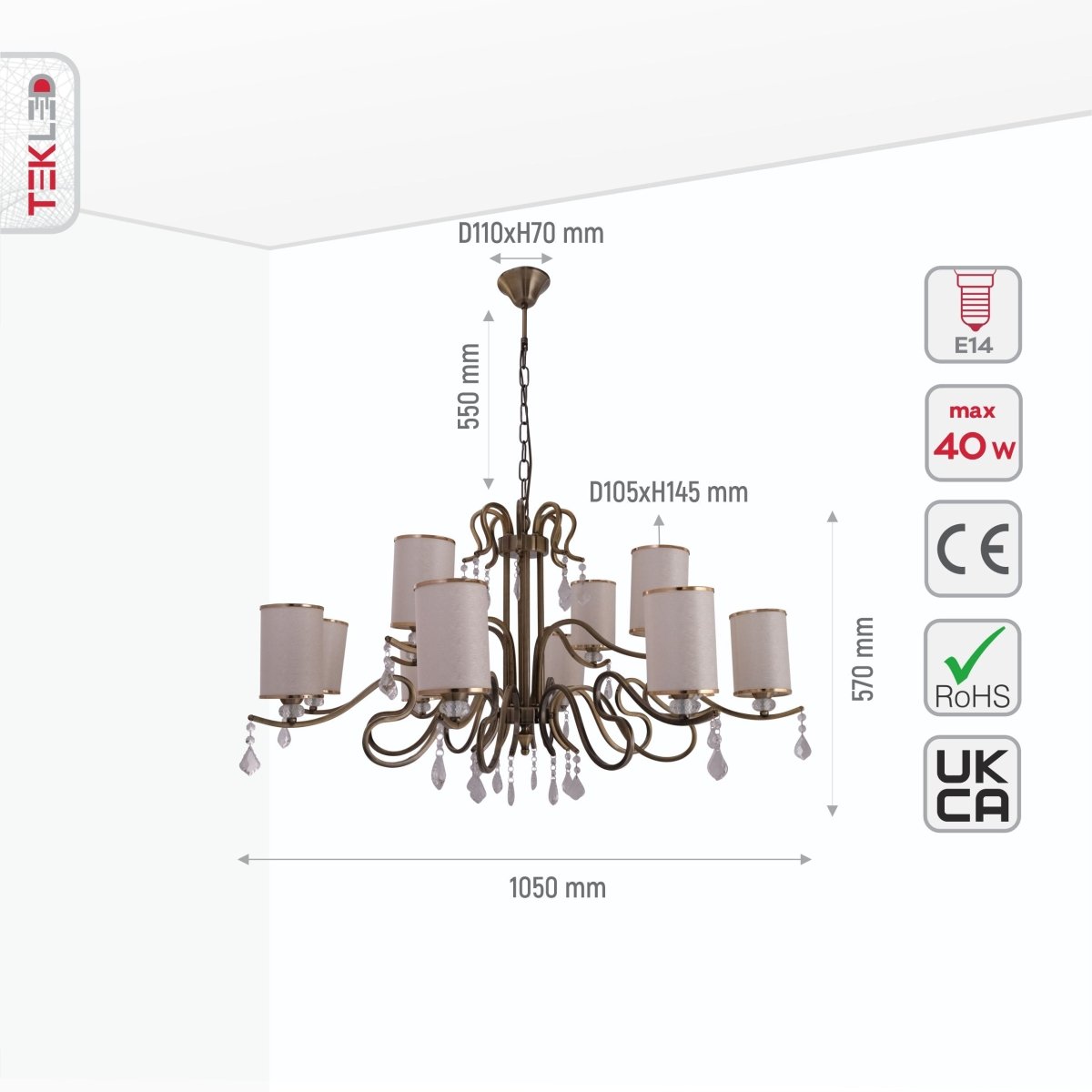 Size and specs of Cream Shade Antique Brass Metal 12 Arm Chandelier with Pendeloque Crystals 12xE14 | TEKLED 158-17830