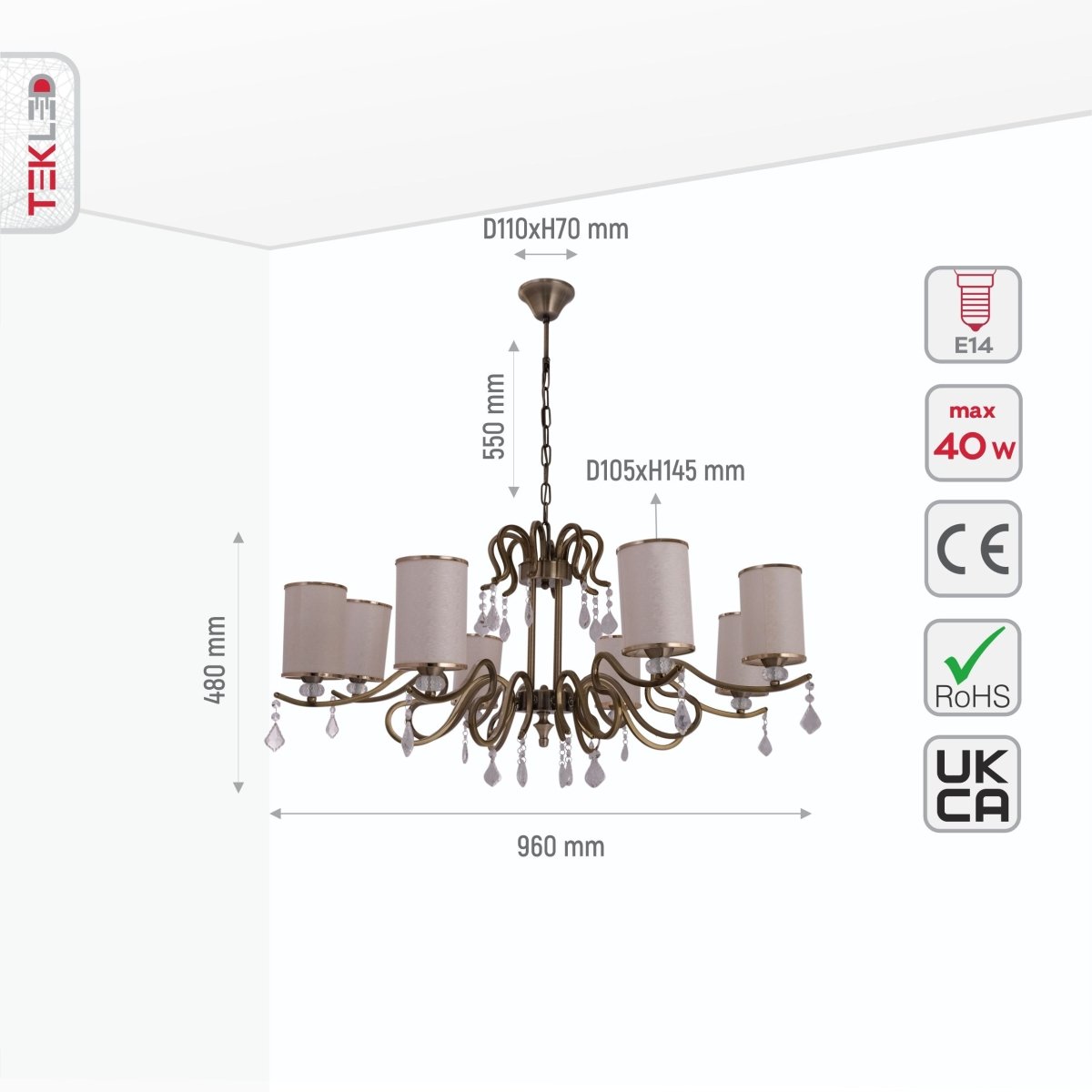Size and specs of Cream Shade Antique Brass Metal 8 Arm Chandelier with Pendeloque Crystals 8xE14 | TEKLED 158-17828