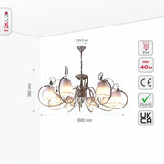 Size and specs of Creamy White Shade Rice White Gold Brushed 8 Arm Chandelier with 8xE14 Fitting | TEKLED 158-17824