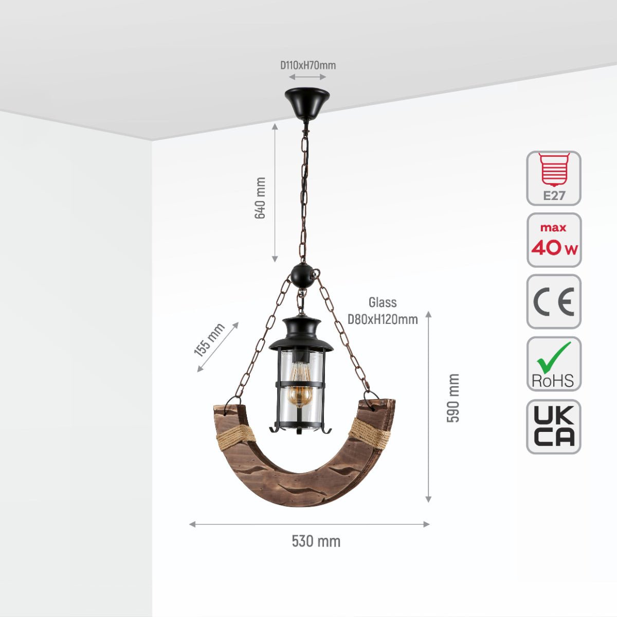 Size and specs of Crescent Wood Glass Cylinder Shaded Rustic Farmhouse Nautical Pendant Ceiling Light E27 | TEKLED 159-17848