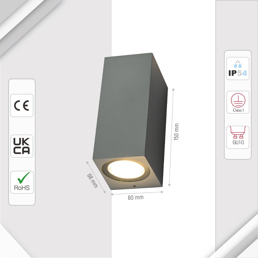 Size and specs of Cubioid Wall Lamp IP44 Grey with  2xGU10 Fitting | TEKLED 182-03350