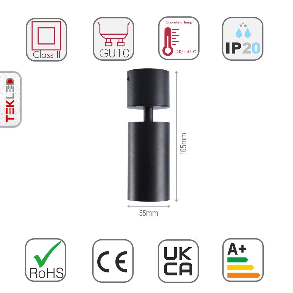 Size and specs of Cyclinder Downlight Black Surface Mount Rotatable with GU10 Fitting | TEKLED 172-03024