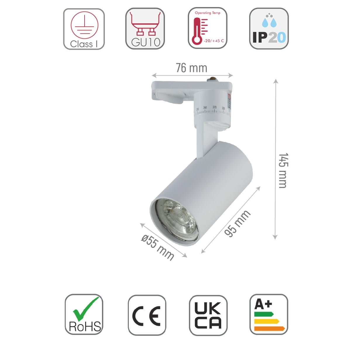 Size and specs of Diecast Tracklight Spotlight Single Line GU10 White | TEKLED 174-03992