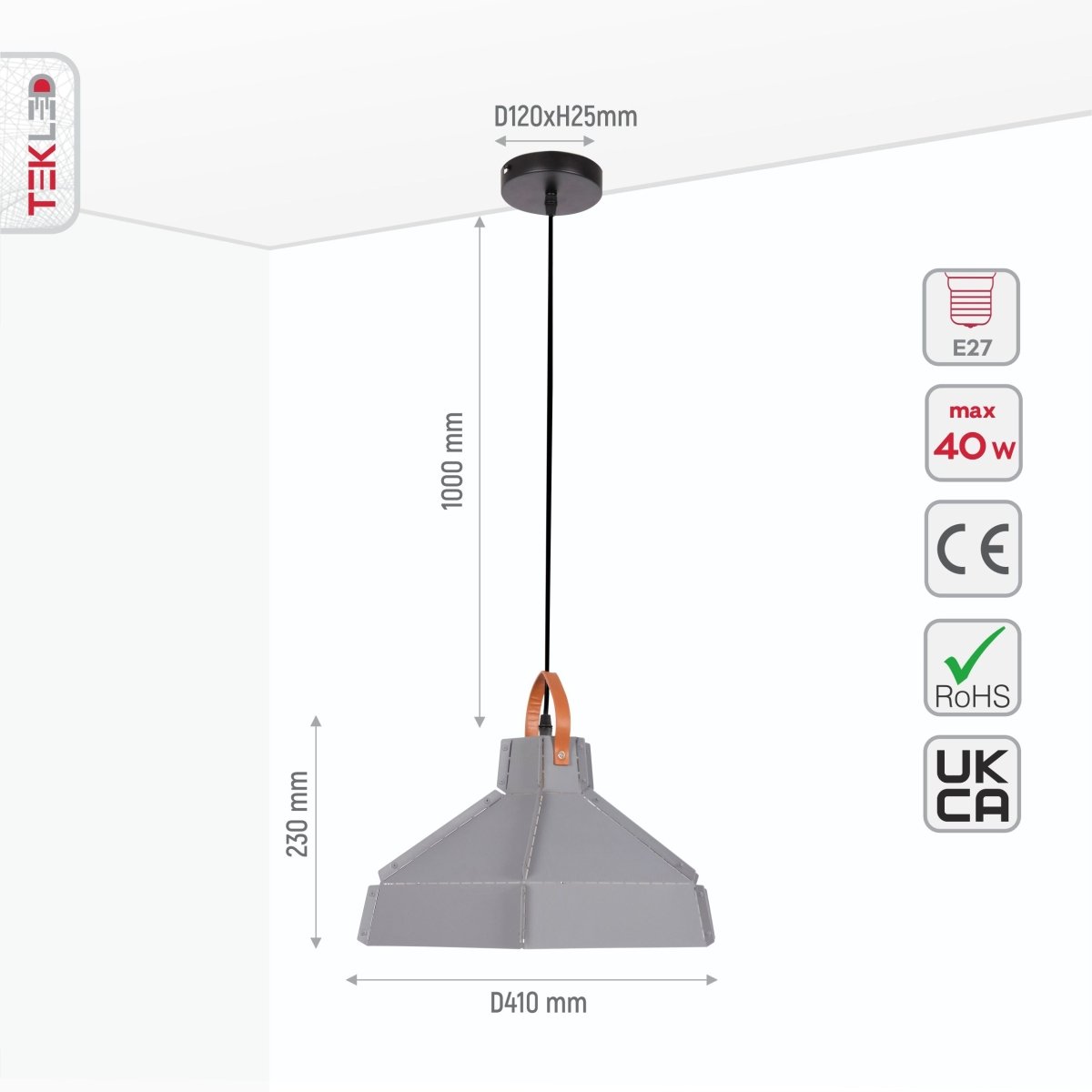 Size and specs of Esagono Maxi Grey Metal Pendant Light with E27 Fitting | TEKLED 159-17356