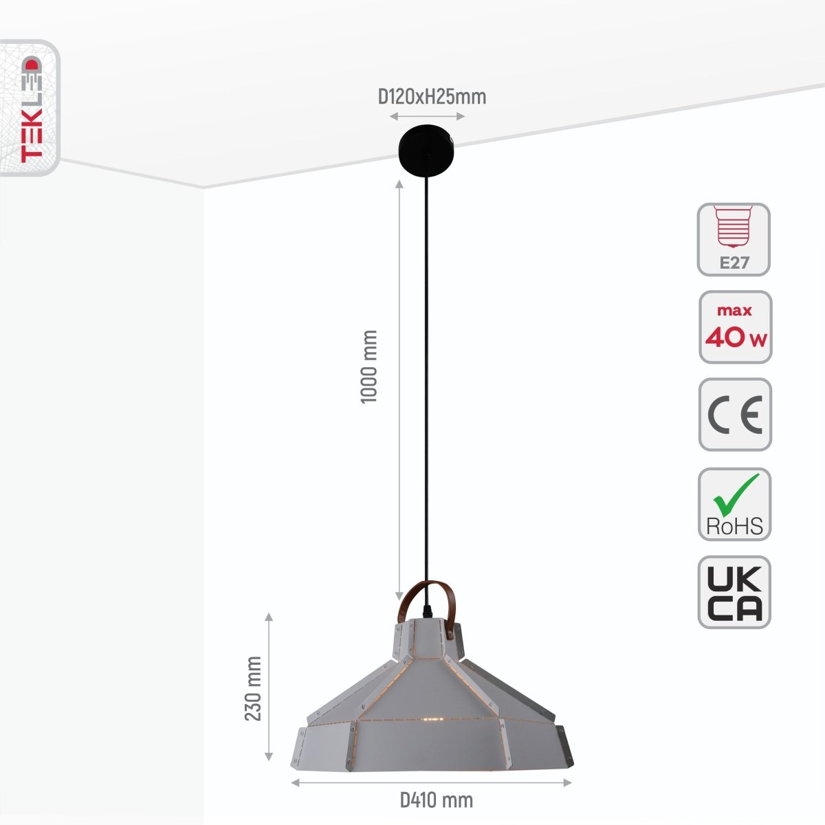 Size and specs of Esagono Maxi White Metal Pendant Light with E27 Fitting | TEKLED 159-17354
