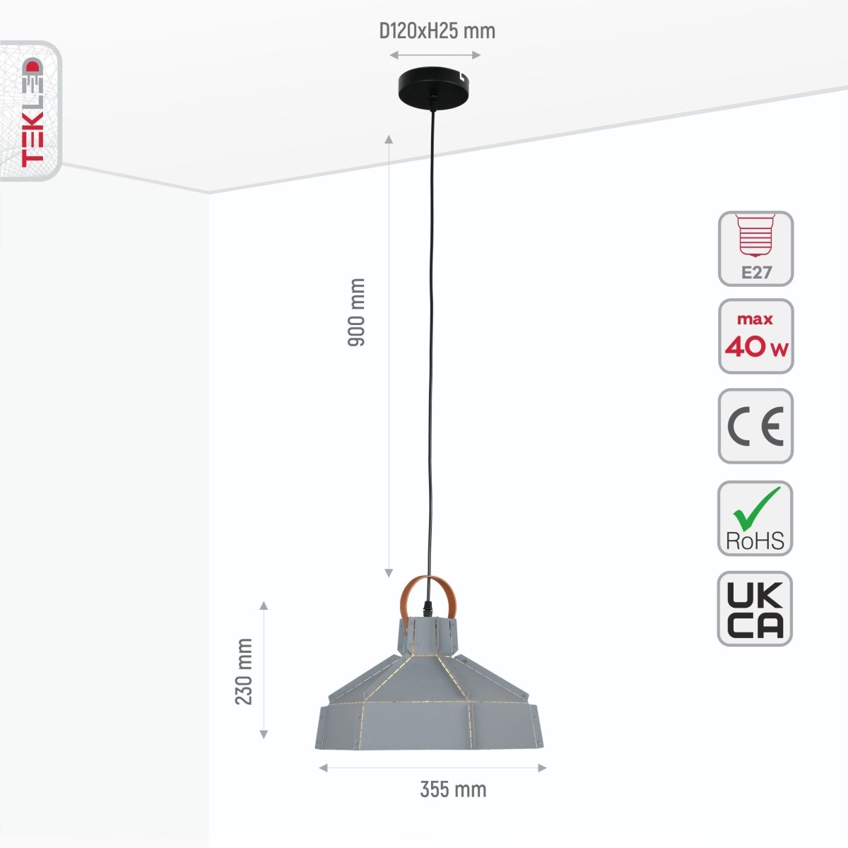 Size and specs of Esagono Midi Grey Metal Pendant Light with E27 Fitting | TEKLED 159-17362
