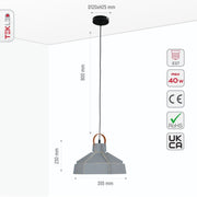 Size and specs of Esagono Midi Grey Metal Pendant Light with E27 Fitting | TEKLED 159-17362
