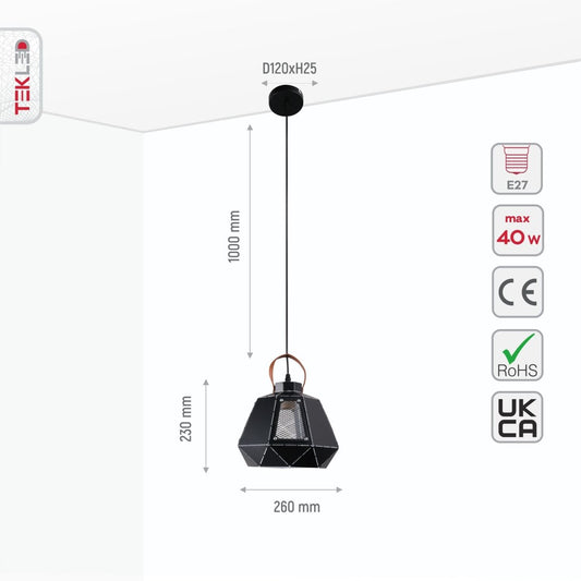 Size and specs of Esagono Mini Lantern Black Pendant Light with E27 Fitting | TEKLED 159-17486