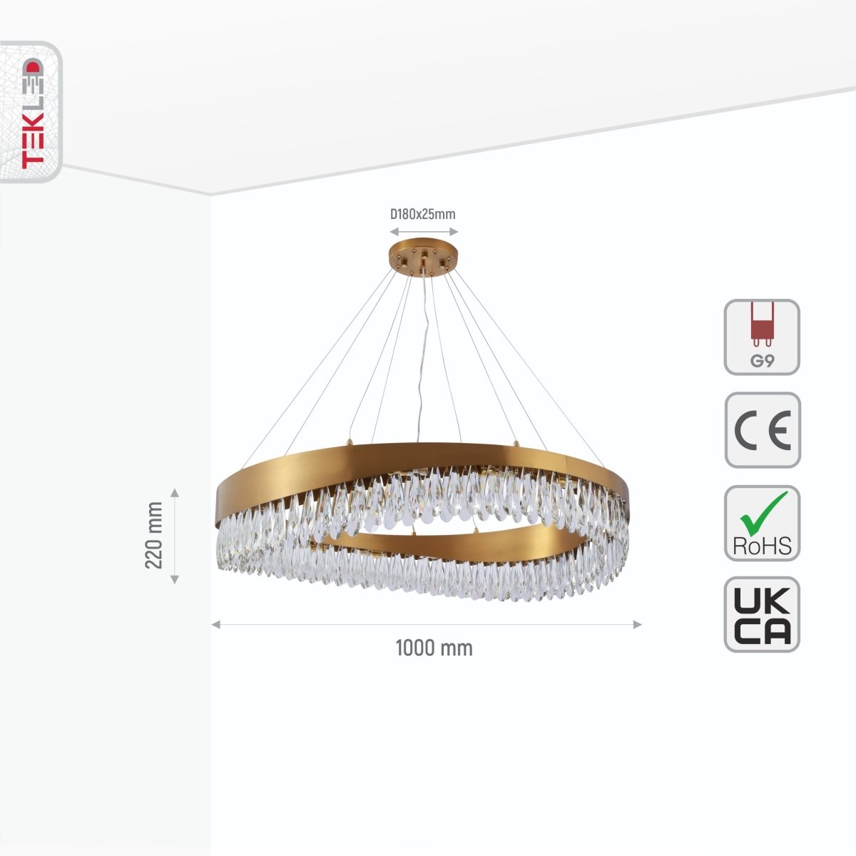 Size and specs of Faceted Long Pear Crystal Gold Metal Chandelier D1000 with 16xG9 Fitting | TEKLED 156-19572