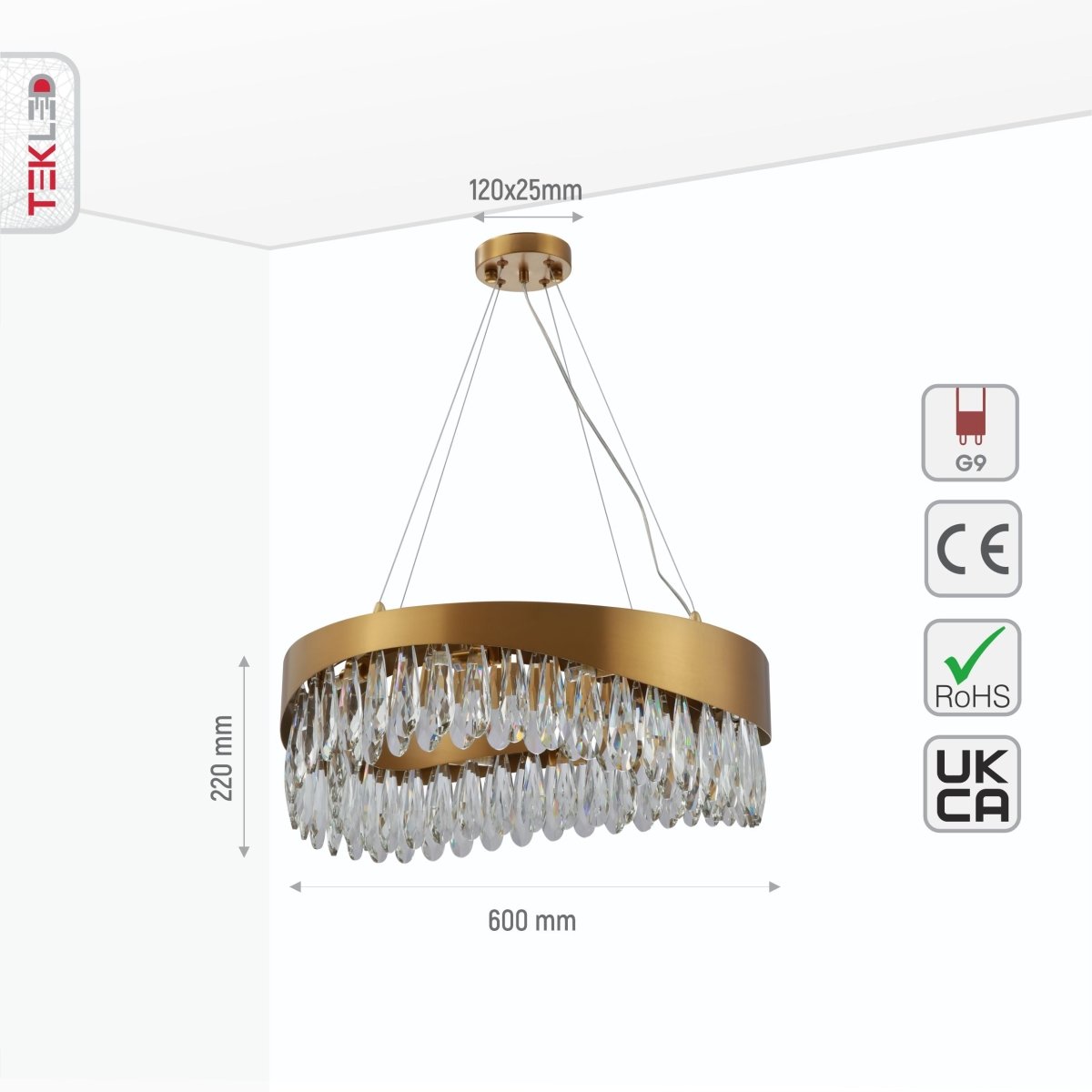 Size and specs of Faceted Long Pear Crystal Gold Metal Chandelier D600 with 10xG9 Fitting | TEKLED 156-19568