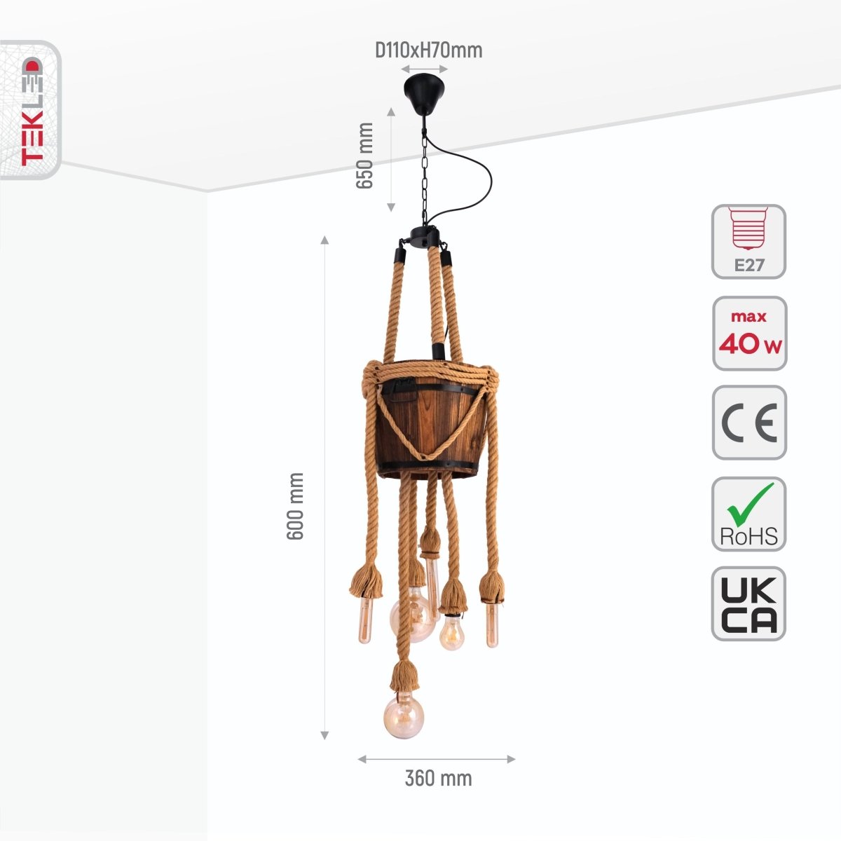 Size and specs of Firewood Basket with 6 Hemp Rope Chandelier E27 Fitting | TEKLED 158-17874