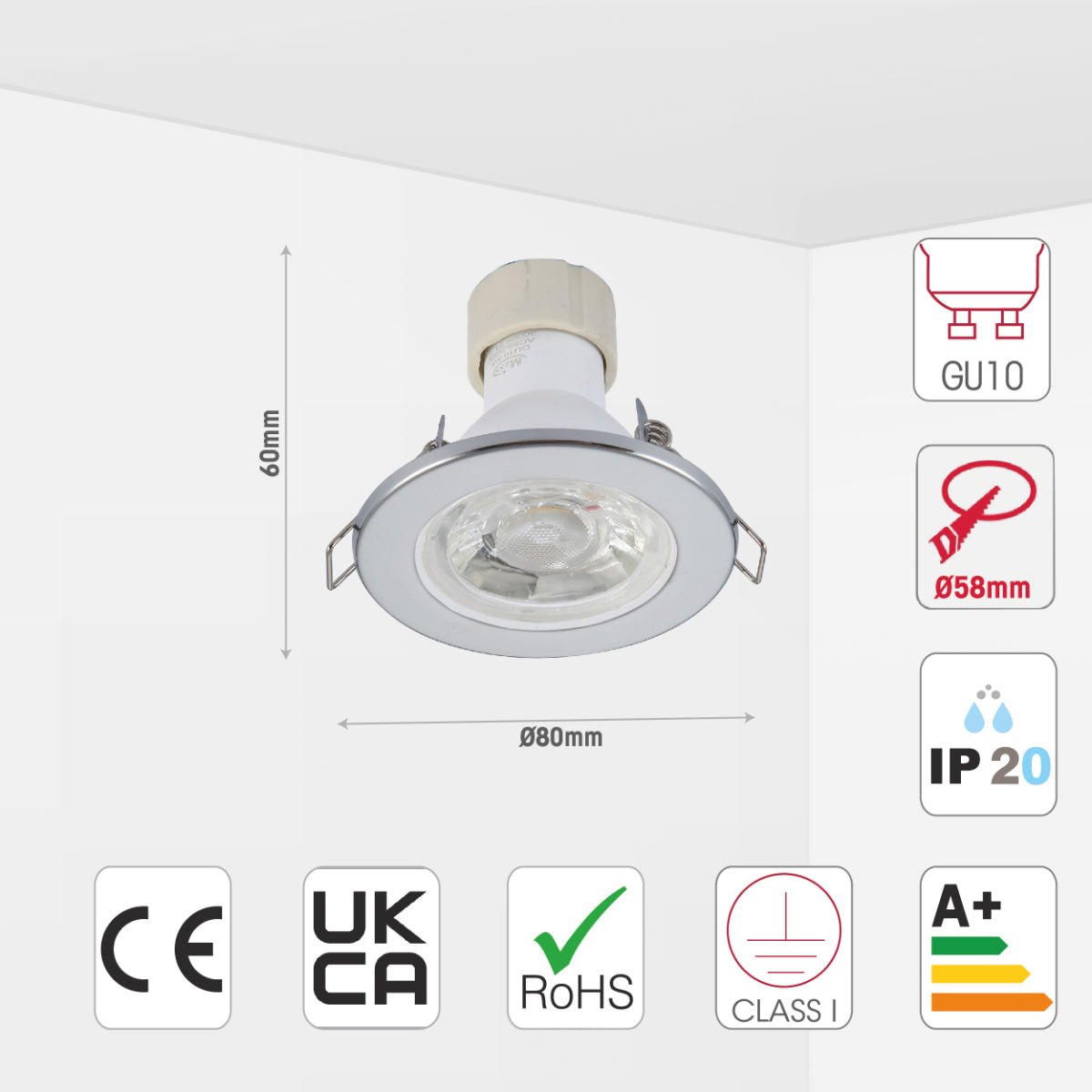 Size and specs of Fixed Pressed Steel Downlight Chrome IP20 with GU10 Fitting | TEKLED 143-03738