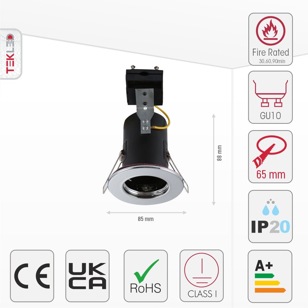 Size and specs of Fixed Pressed Steel Fire Rated Downlight Chrome IP20 GU10 | TEKLED 143-03714