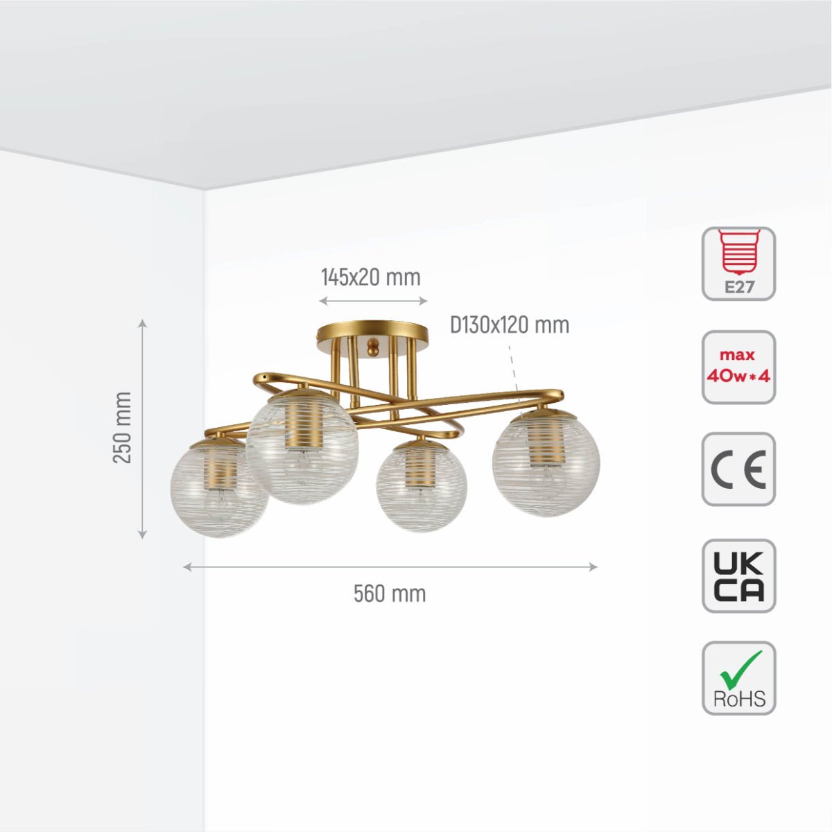 Size and specs of Gold Ellipse Metal Textured Globe Glass Modern Ceiling Light with E27 Fittings | TEKLED 159-17672