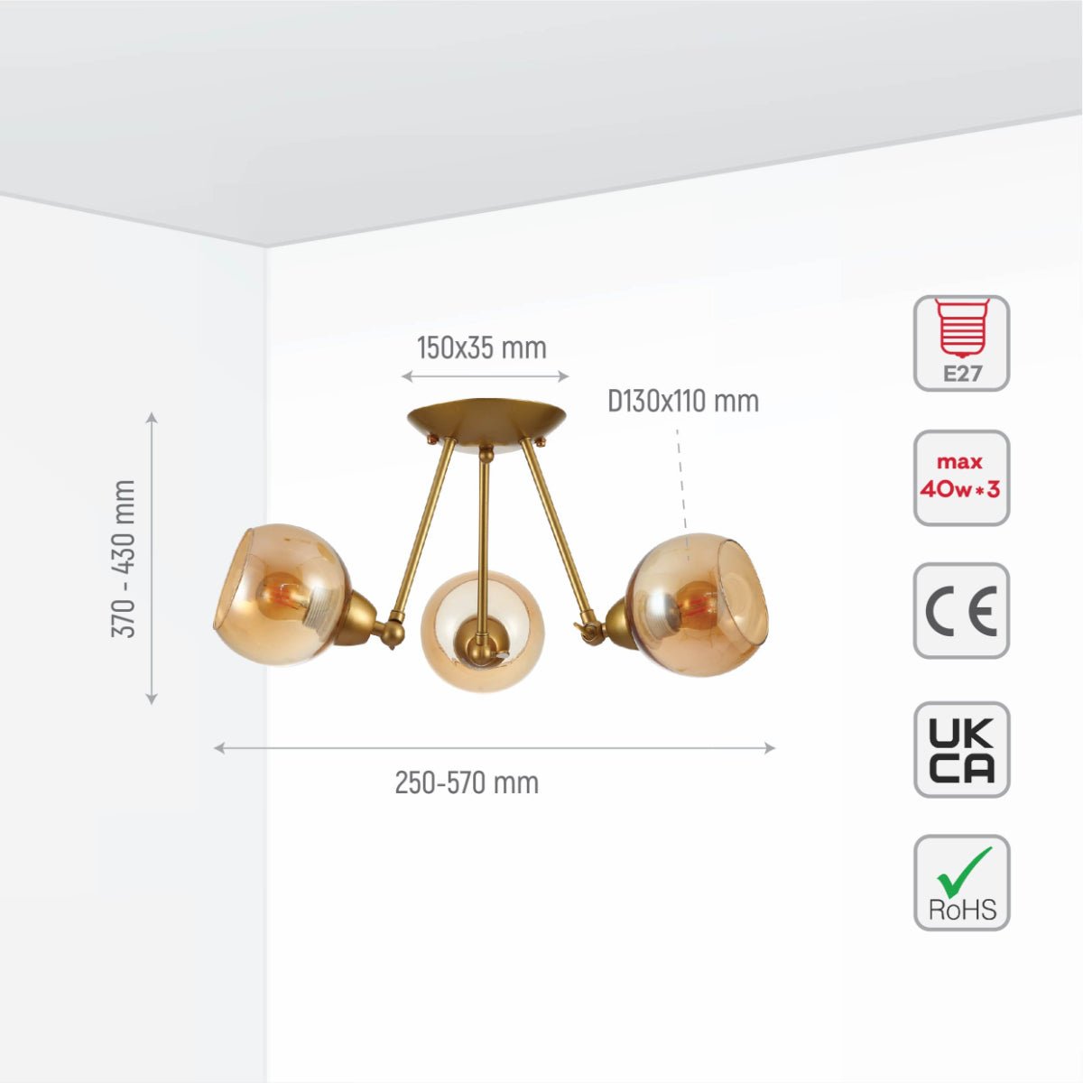 Size and specs of Gold Hinged Metal Amber Dome Glass Ceiling Light with E27 Fittings | TEKLED 159-17648