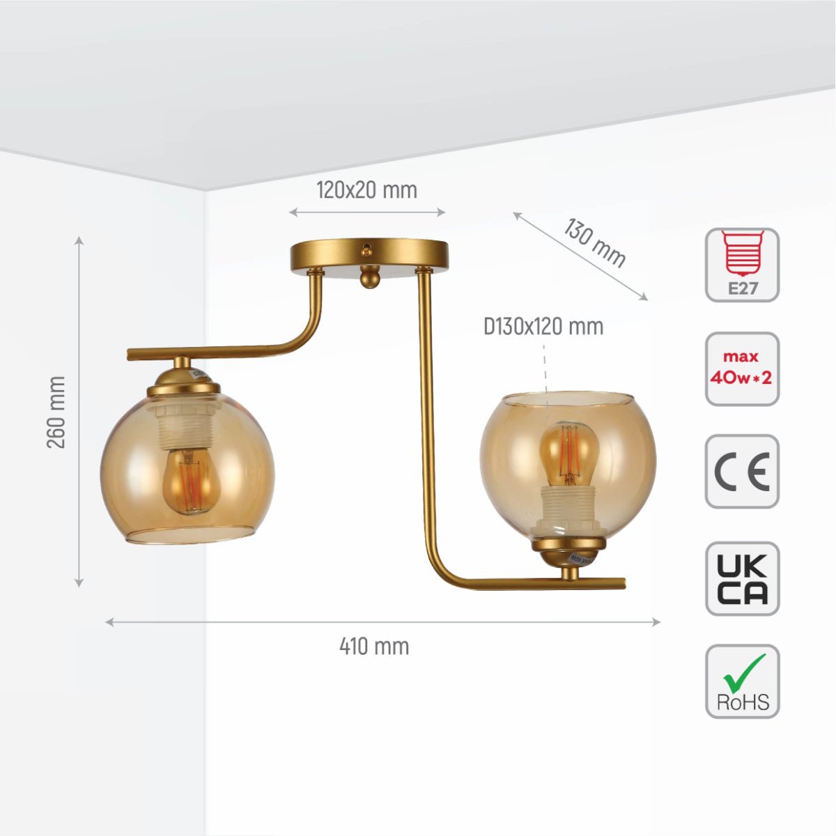 Size and specs of Gold L shape Metal Amber Dome Glass Ceiling Light with E27 Fittings | TEKLED 159-17626