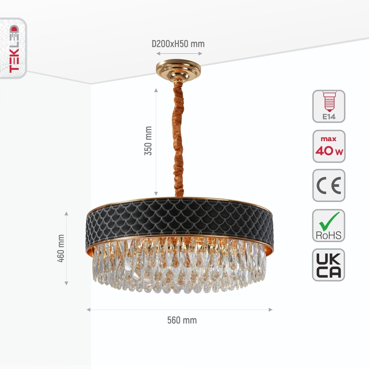 Size and specs of Gold Metal Black Leather Crystal Chandelier D600 with 12xE14 Fitting | TEKLED 158-19858