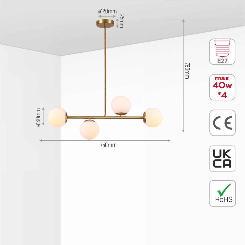Size and specs of Gold Metal Body Opal Glass Globes Ceiling Light with 4xE27 Fittings | TEKLED 158-19714