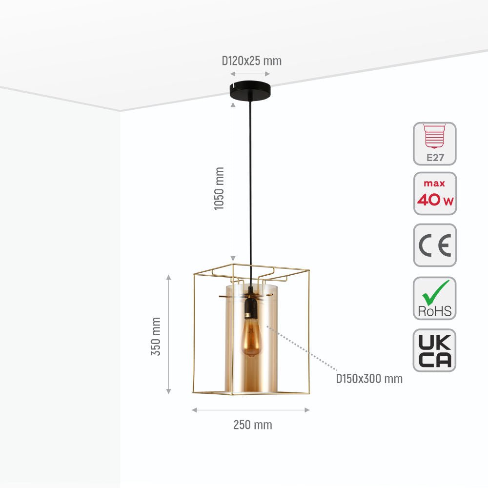 Size and specs of Gold Metal Cage Amber Cylinder Glass Pendant Ceiling Light with E27 Fitting | TEKLED 150-18310