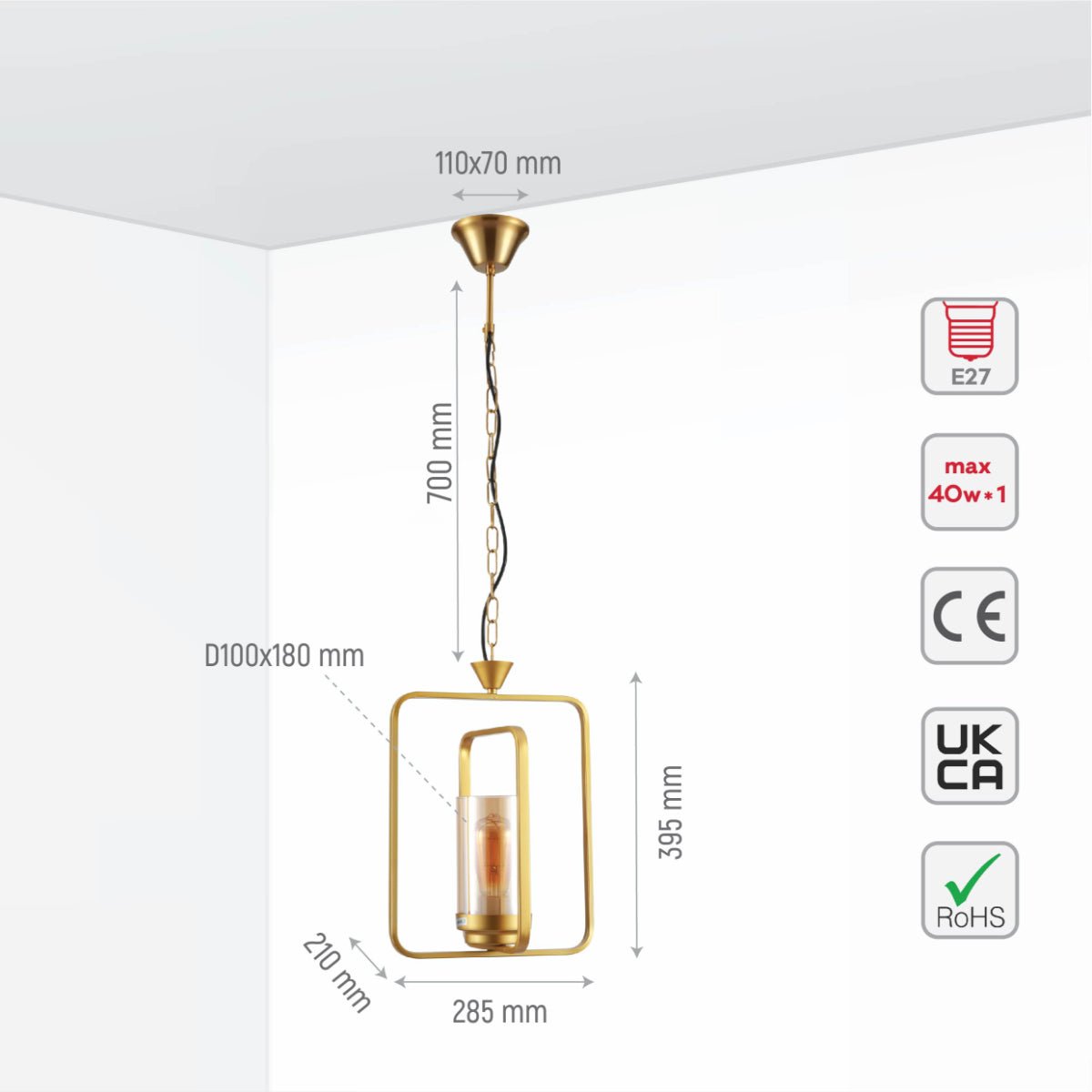 Size and specs of Gold Metal Cage Body Amber Cylinder Glass Pendant Ceiling Light with E27 Fitting | TEKLED 159-17438