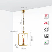 Size and specs of Gold Metal Cage Body Amber Cylinder Glass Pendant Ceiling Light with E27 Fitting | TEKLED 159-17438