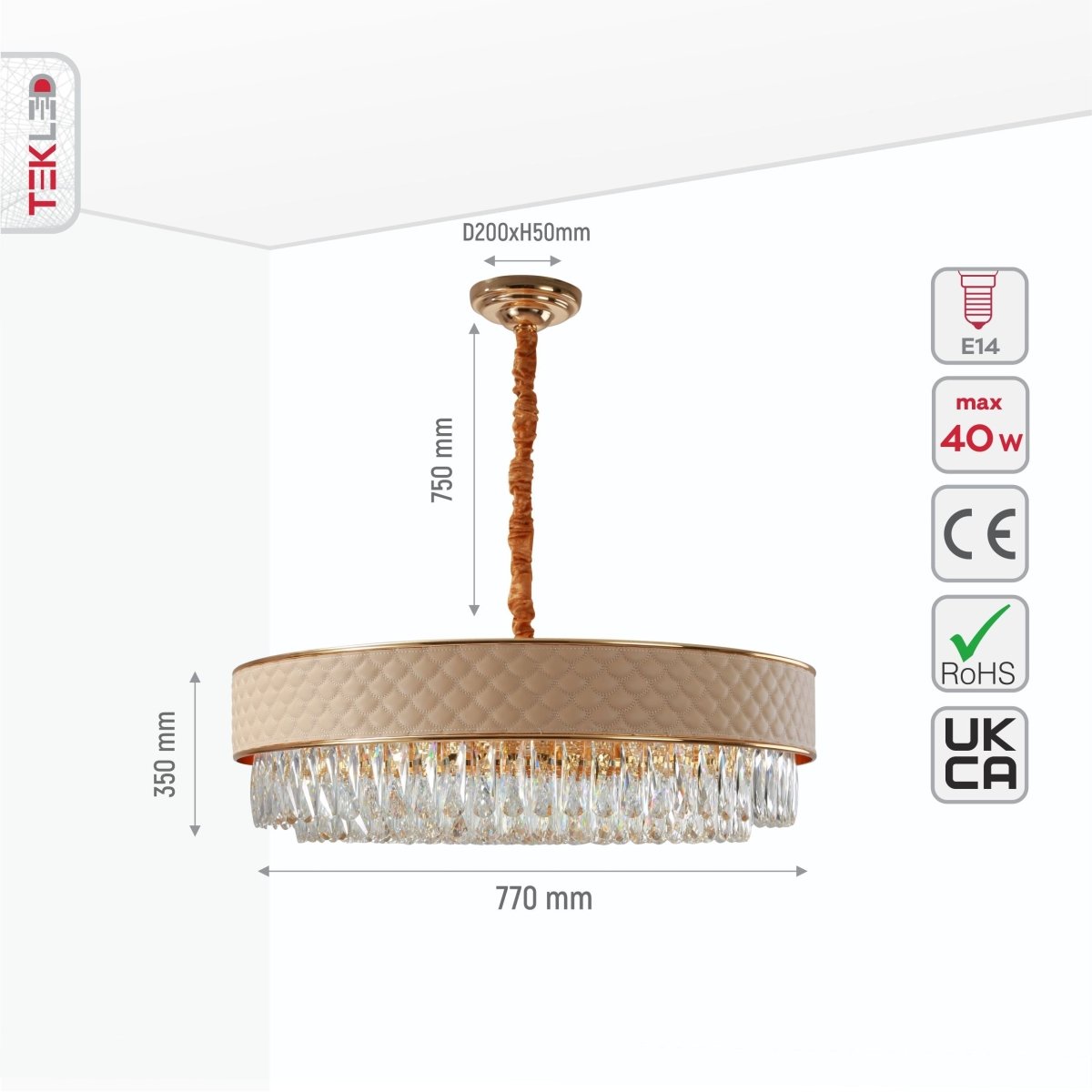 Size and specs of Gold Metal Cream Leather Crystal Chandelier D800 with 15xE14 Fitting | TEKLED 158-19860