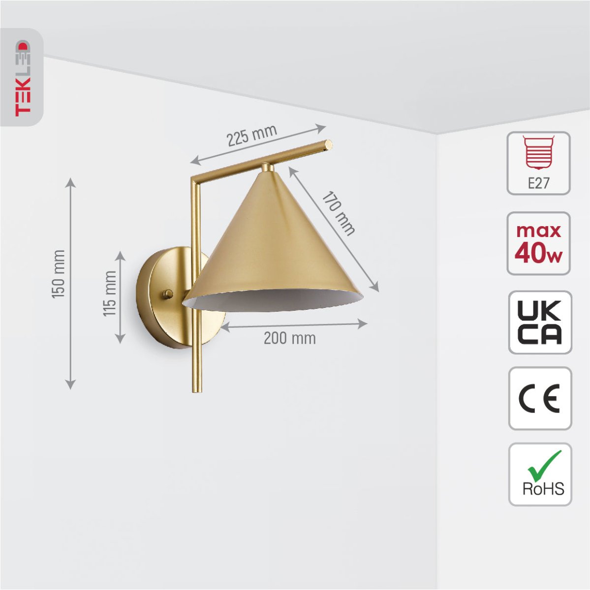 Size and specs of Gold Metal Funnel Wall Light with E27 Fitting | TEKLED 151-19658