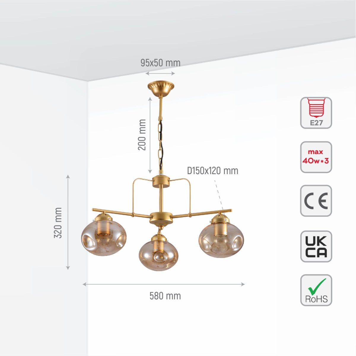 Size and specs of Gold Metal Rod Arm Amber Globe Glass Ceiling Light with E27 Fittings | TEKLED 159-17644