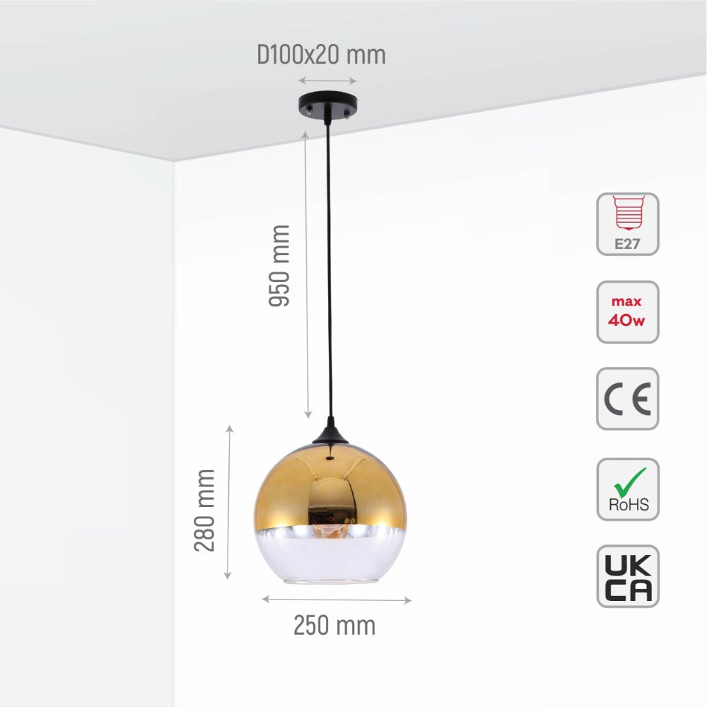 Size and specs of Gold Out Silver In Globe Glass Pendant Ceiling Light E27 | TEKLED 159-17742