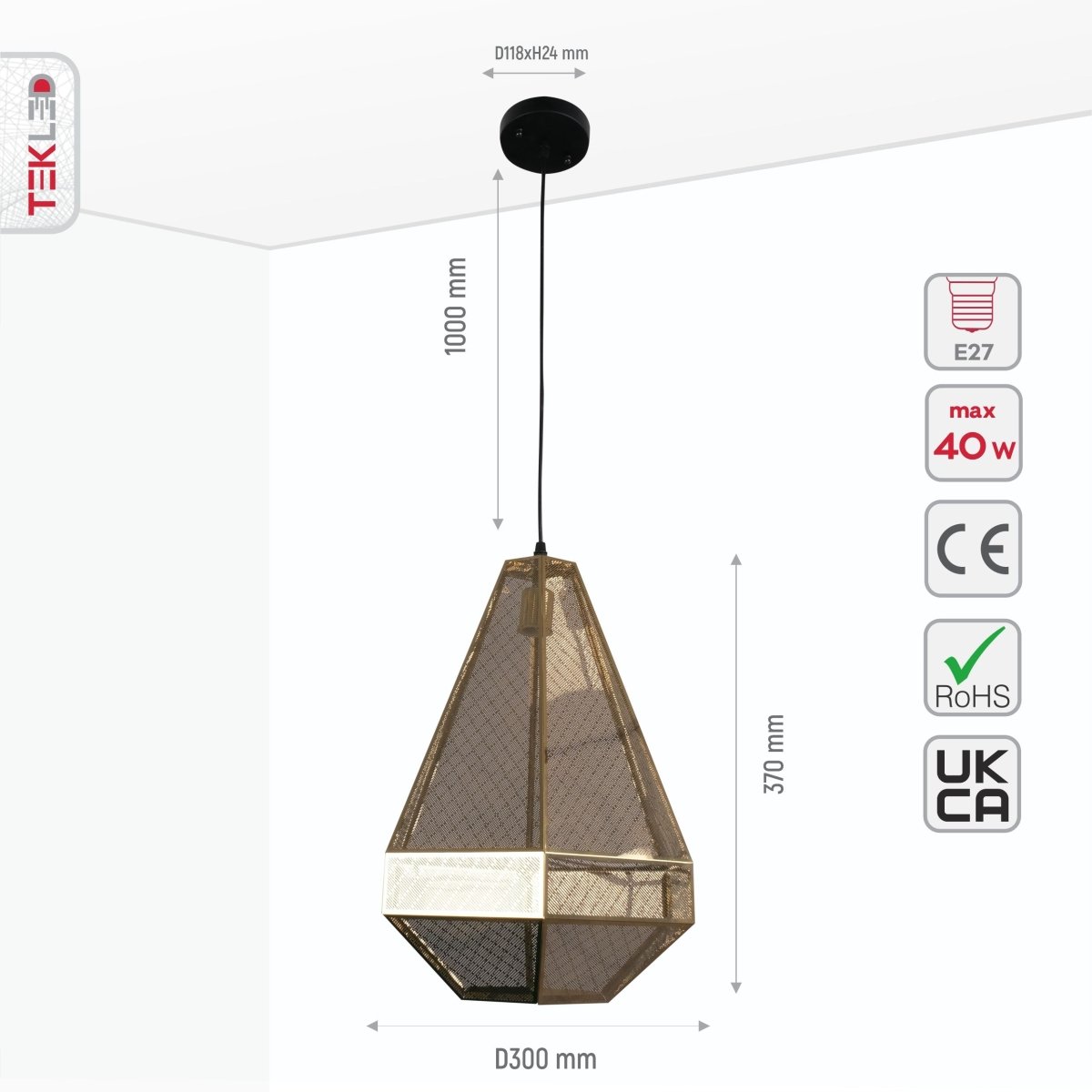 Size and specs of Golden Metal Polyhedral Pendant Light L with E27 Fitting | TEKLED 156-19542