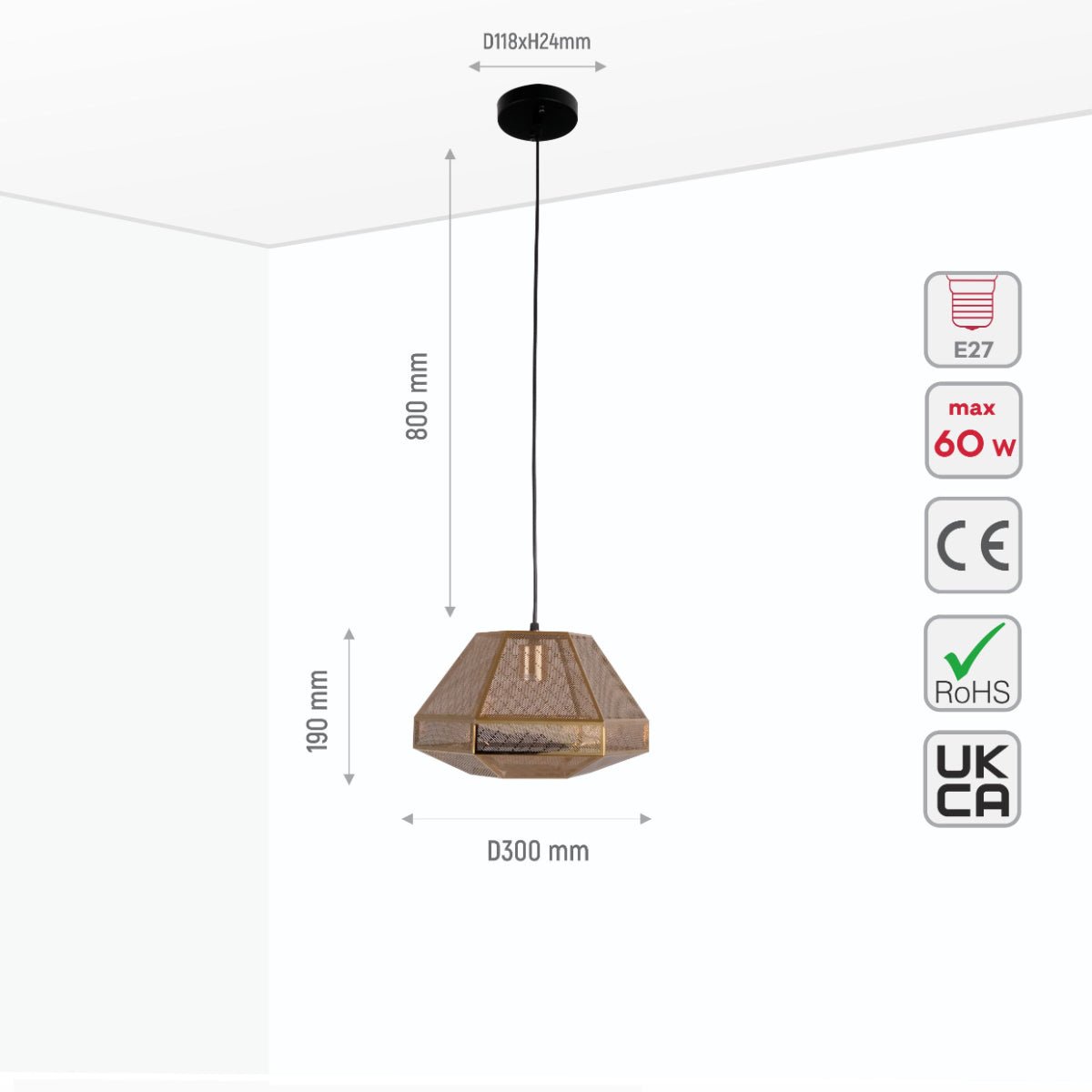 Size and specs of Golden Metal Polyhedral Pendant Ceiling Light Large with E27 | TEKLED 150-18122