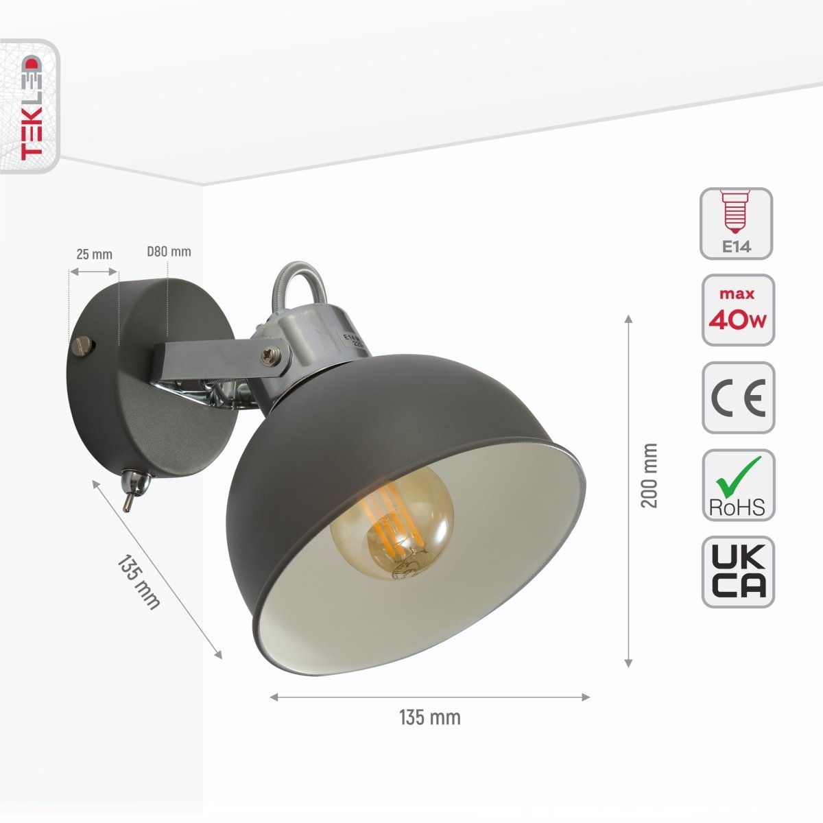 Size and specs of Grey Dome Adjustable Wall and Ceiling Light with Switch on the Rose E14 | TEKLED 151-19800