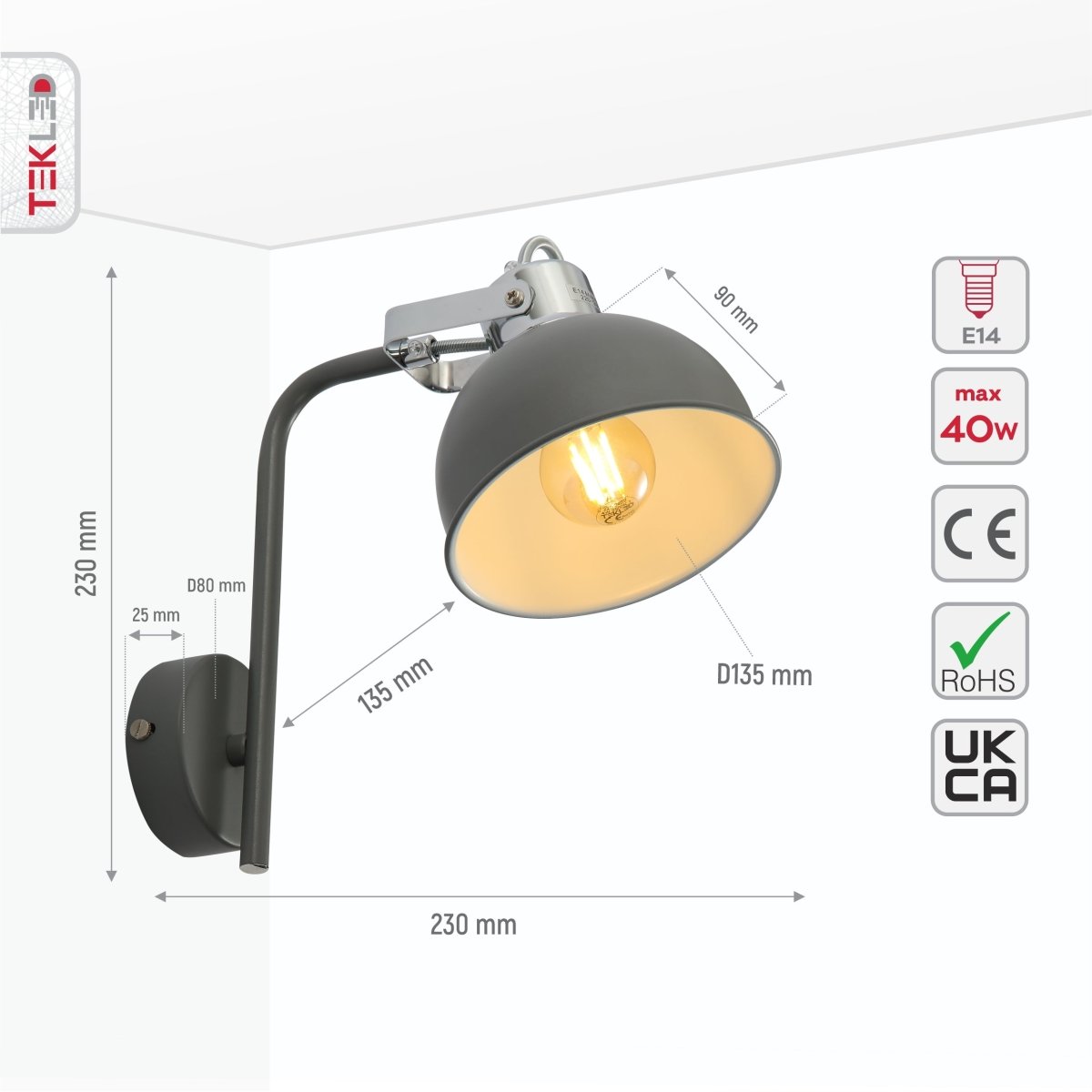 Size and specs of Grey Dome Adjustable Wall Light E14 | TEKLED 151-19802