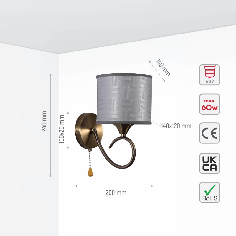 Size and specs of Grey Fabric Shade Antique Brass Hook Metal Vintage Retro Classic Wall Light with Pull Down Switch E27 Fitting | TEKLED 151-19798