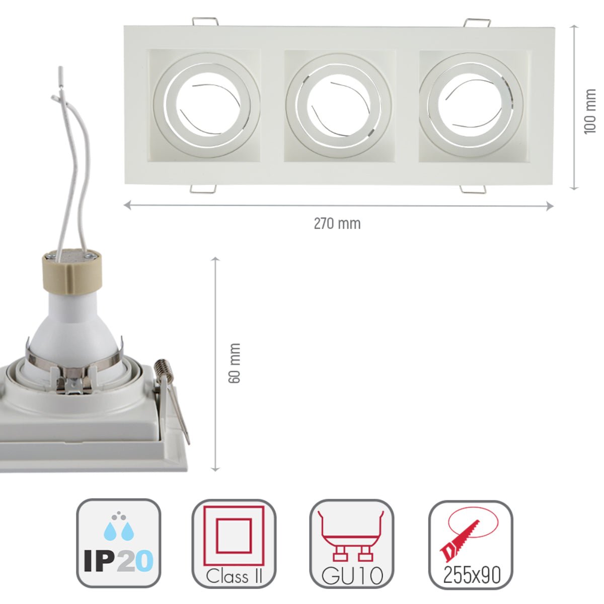 Size and specs of Grille Recessed Tilt Downlight White with 3xGU10 Fitting | TEKLED 165-03876