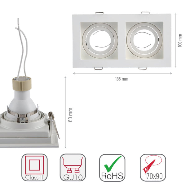 Size and specs of Grille Recessed Tilt Downlight White with 2xGU10 Fitting | TEKLED 165-03874