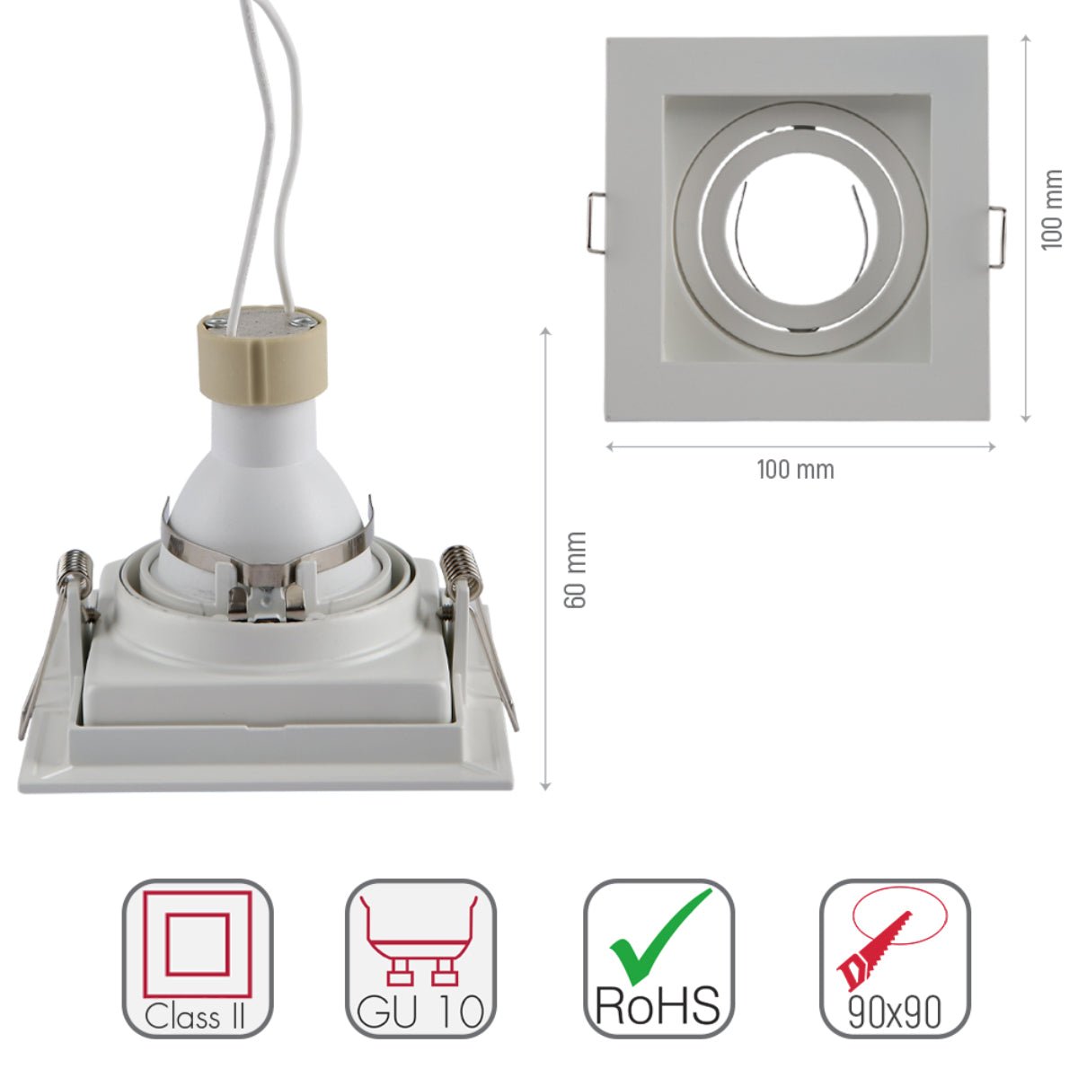 Size and specs of Grille Square Recessed Tilt Downlight White with GU10 Fitting | TEKLED 165-03872