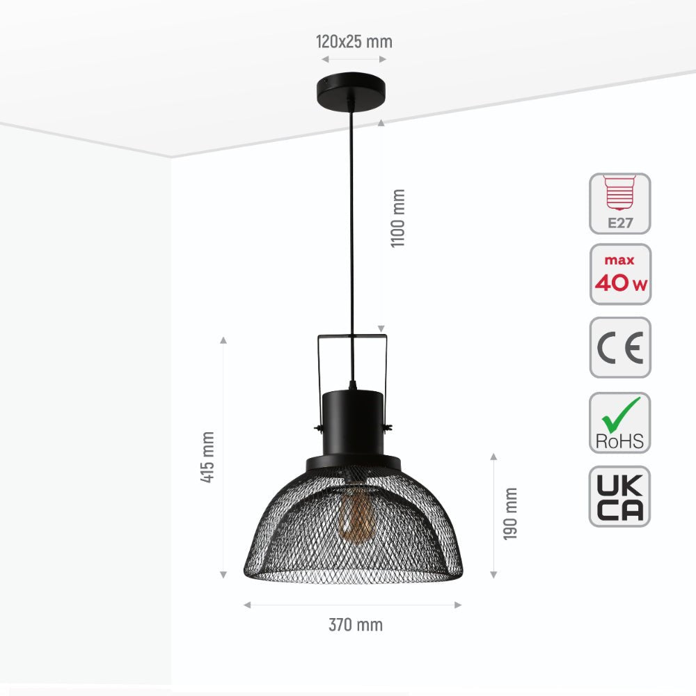 Size and specs of Industrial Double Mesh Caged Handled Dome Black Metal Pendant Ceiling Light E27 | TEKLED 150-18120