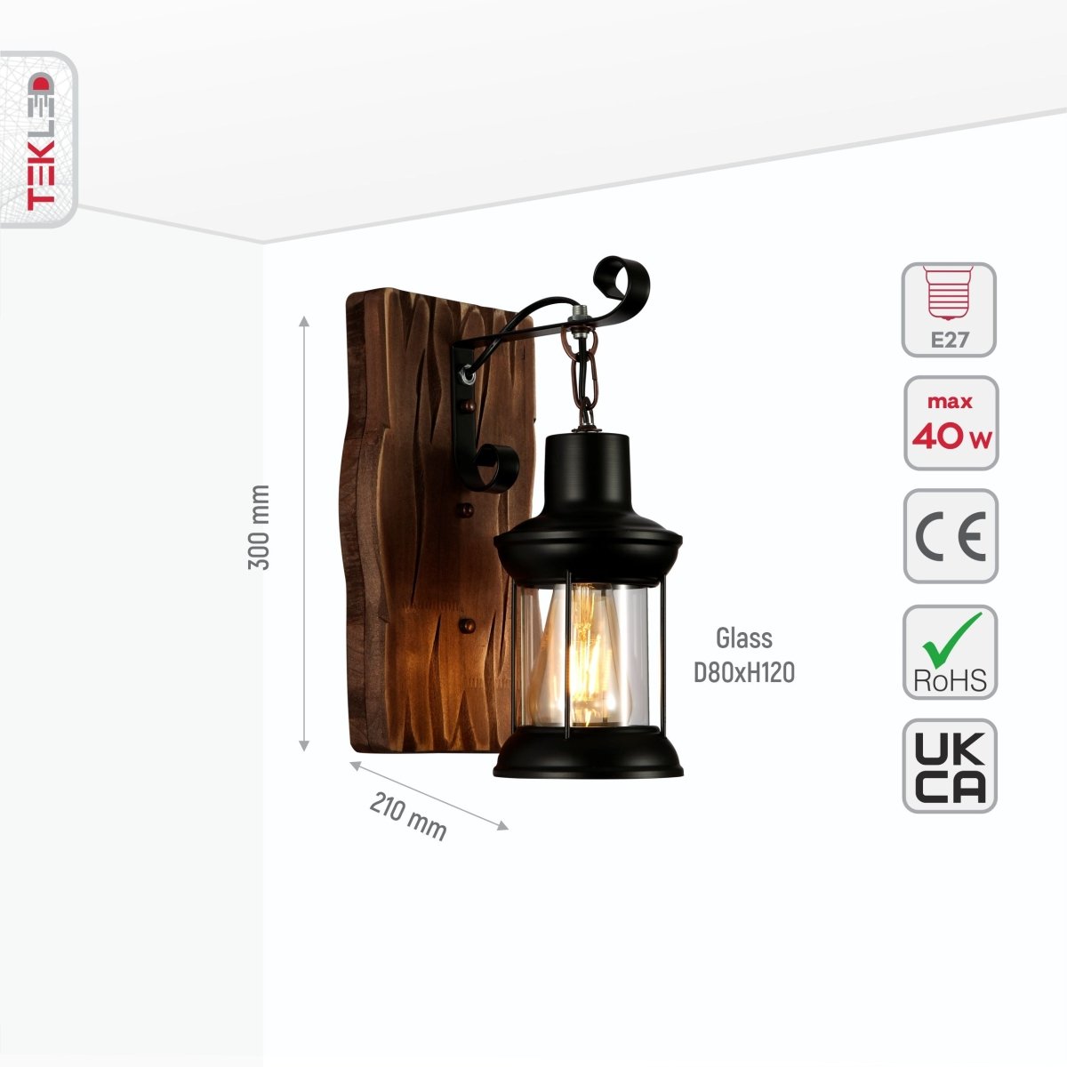 Size and specs of Iron and Wood Glass Cylinder Wall Light E27 | TEKLED 159-17850