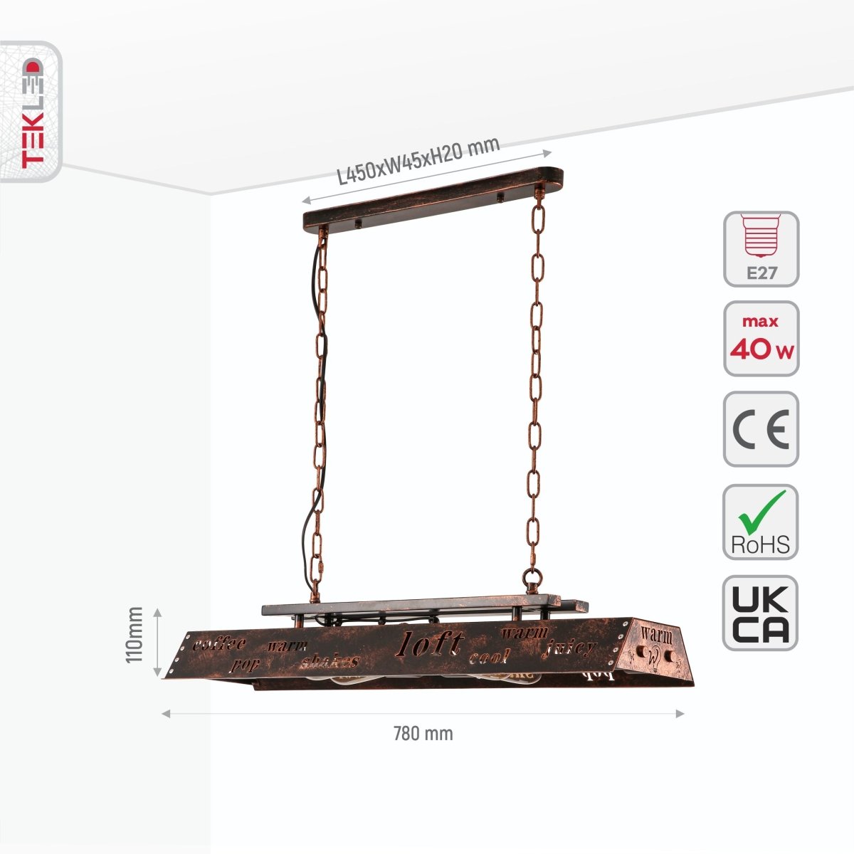 Size and specs of Iron Industrial Island Chandelier 4xE27 | TEKLED 159-17854