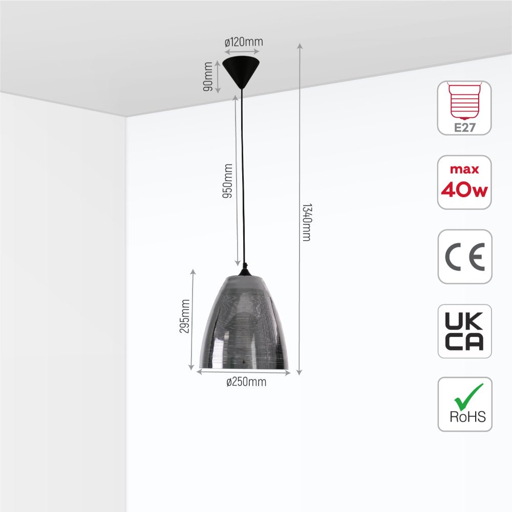 Size and specs of Jupiter Chrome Cone Glass Pendant Ceiling Light with E27 Fitting | TEKLED 158-19772